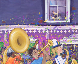 Illustrations from Bruno & Frida Go To Mardi Gras by New Orleans artist Melissa Vandiver.