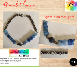 Bracelet gun métal Agate bleu mat givré Les Couleurs de Lo