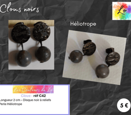 Boucles clous disque martelé noir Héliotrope Les Couleurs de Lo