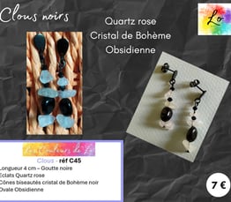 Boucles clous noirs Quartz rose cristal de Bohème noir Obsidienne Les Couleurs de Lo