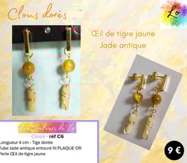 Boucles clous dorés Œil de tigre jaune Jade antique Les Couleurs de Lo