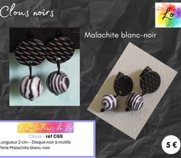Boucles clous noirs Malachite blanc-noir Les Couleurs de Lo