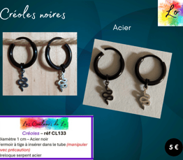 Créoles noires à tige serpent acier Les Couleurs de Lo
