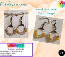 Créoles cuivrées 2 cm Aventurine jaune Quartz beige Les Couleurs de Lo