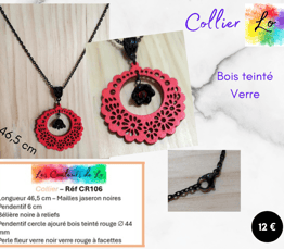 Collier noir pendentif cercle bois rouge fleur verre noir verre rouge Les Couleurs de Lo