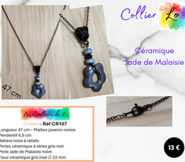 Collier noir pendentif céramique gris Jade de Malaisie noir fleur céramique grise Les Couleurs de Lo