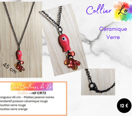 Collier noir poisson céramique rouge verre rouge Les Couleurs de Lo