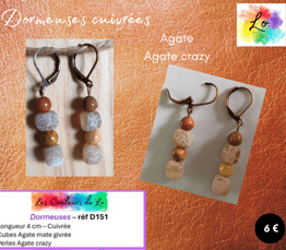 Boucles dormeuses cuivrées Agate crazy Agate mate givrée Les Couleurs de Lo