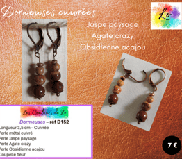 Boucles dormeuses cuivrées Jaspe paysage Agate crazy Obsidienne acajou Les Couleurs de Lo