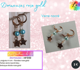 Boucles dormeuses rose gold verre bleu nacré étoile acier Les Couleurs de Lo