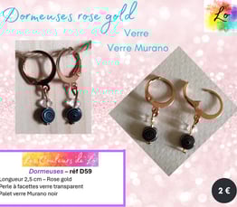 Boucles dormeuses rose gold verre Murano noir verre transparent Les Couleurs de Lo