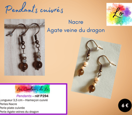 Boucles pendants cuivrés Nacre Agate veines du dragon Les Couleurs de Lo