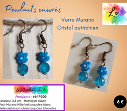 Boucles pendants cuivrés fleur Murano bleu cristal autrichien turquoise Les Couleurs de Lo