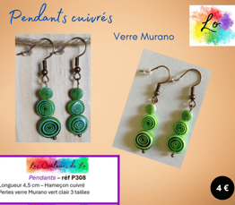 Boucles pendants cuivrés verre Murano vert clair Les Couleurs de Lo