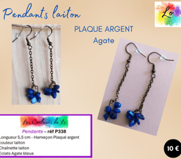 Boucles pendants Plaqué argent laiton chaînette Agate bleue Les Couleurs de Lo