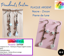 Boucles pendants Plaqué argent laiton chaînette Nacre Zircon Pierre de lune Les Couleurs de Lo