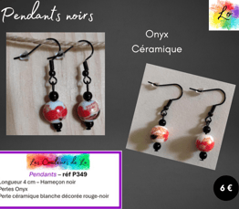 Boucles pendants noirs Onyx céramique décorée Les Couleurs de Lo