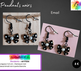 Boucles pendants noirs nœud émail noir avec perle blanche Les Couleurs de Lo