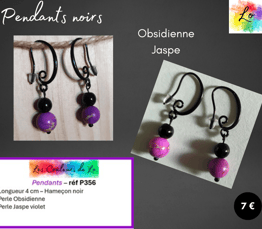 Boucles pendants noirs Obsidienne Jaspe violet Les Couleurs de Lo