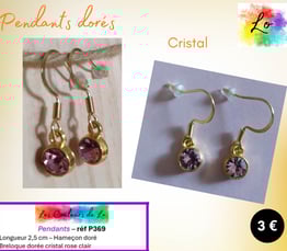 Boucles pendants dorés cristal rose clair Les Couleurs de Lo