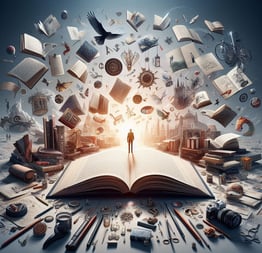 A book spread open surrounded by all the possibilities that could exist on its blank pages