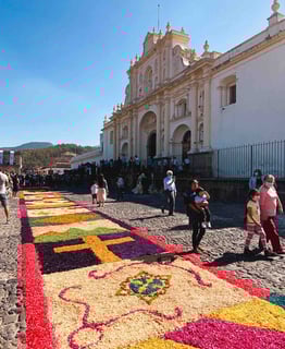 Colorful flower carpets during a procession in Antigua, Guatemala.