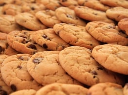 A tray of freshly baked, beautifully golden chocolate chip cookies.