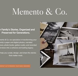 screenshot of mementoandco.com website homepage in grey and white with photos on it