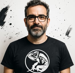 Rodrigo Delgado, fundador de Gazpacho Creativo, frente a la cámara en su estudio