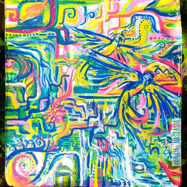 peinture aux couleurs vives entre abstrait et concret, avec fleurs cascade et perroquets