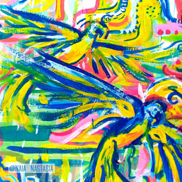 peinture aux couleurs vives entre abstrait et concret, avec fleurs cascade et perroquets