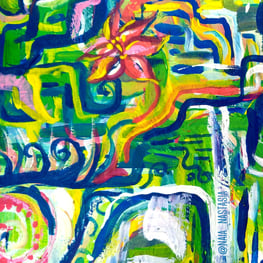 peinture aux couleurs vives entre abstrait et concret, avec fleurs cascade et perroquets