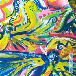 peinture aux couleurs vives entre abstrait et concret, avec fleurs cascade et perroquets