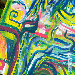 peinture aux couleurs vives entre abstrait et concret, avec fleurs cascade et perroquets