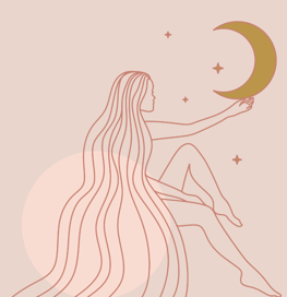 Illustration d’une femme tenant la lune dans sa main, symbolisant intuition et mystère.