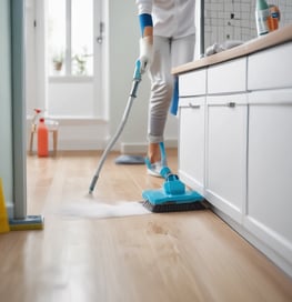 a woman in white shirt cleaning a wooden floor