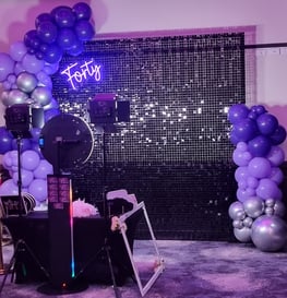 Black shimmer wall Forty neon sign in photo booth setup at Fitys Loganholme for Lisa's 40th Birthday
