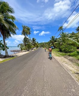 Cycling along a scenic blue route surrounded by lush greenery in Bora Bora, French Polynesia.
