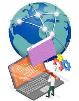 a conected world and a man working in a digital way with a computer