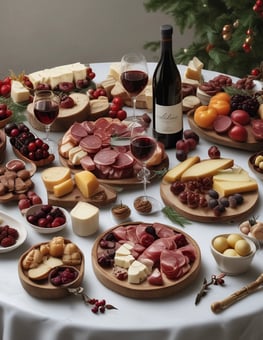 A selection of ingredients is arranged on a wooden cutting board. There is a loaf of crusty French bread, blocks of Gruyère cheese, a bottle of cognac, and a large bottle of beef broth. Surrounding these items are various vegetables, including garlic, shallots, green onions, and red and yellow onions. Fresh thyme sprigs are also present, tied with a string.