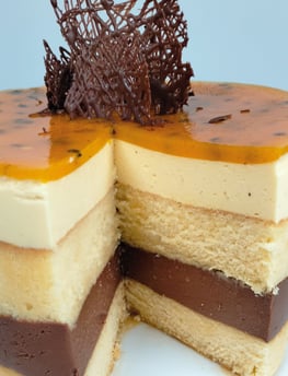 a cake with a chocolate layer of cake and chocolate frosting