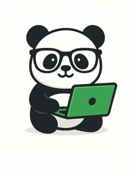 A picture of a panda bear with black glasses holding a green laptop and he is smiling at you.