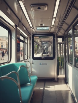 An empty subway platform features illuminated advertising, with a QR code visible in the center. Subway doors are open, revealing the interior seating area. The signage above the platform indicates directions and locations in a transport system.