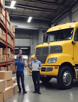 Several large trucks, including two white ones labeled 'Moraru Transport' and a blue one labeled 'Natanex', are parked in a paved lot. A person in a blue shirt stands near the white trucks. The area is surrounded by trees and additional vehicles can be seen in the background.