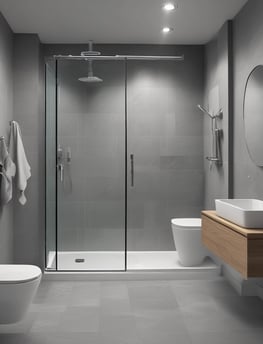 A modern bathroom showroom featuring a toilet, a glass shower enclosure, and dark tile flooring. The walls incorporate built-in cabinetry with minimalist designs. A wicker basket and some packaged products are visible under a counter.