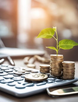 a calculator with a plant growing out of coins