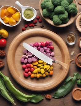 A collection of health supplement containers placed on a wooden tray with a decorative sprig of flowers. The large jar on the left displays a product labeled 'Estreñigran', while two smaller bottles on the right are labeled 'REDU Gran Plus' and 'COLON Cleanser'. The setting has a light gray background with a lavender surface.