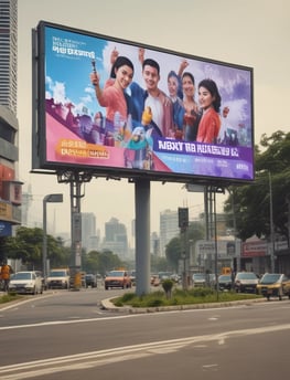 A cityscape with tall skyscrapers adorned with bright, colorful digital billboards. Various ads are displayed for well-known brands, including Yahoo, Dunkin' Donuts, and FOX. The scene is captured during the early evening, with a clear sky above.