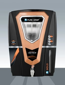 a black and orange water purifier with a black and white background