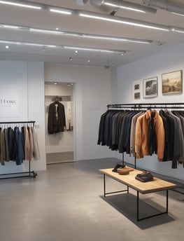 A fashion retail store display with large glass windows showcasing elegant mannequins dressed in upscale clothing. The store interior is brightly lit with a modern, luxurious ambiance. Two people walk past the store, one wearing a long dress and the other a headscarf.